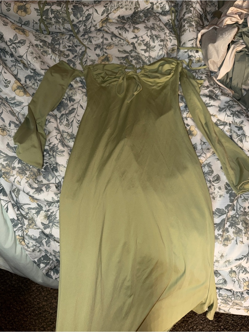 Olive Green Off-Shoulder Midi Dress with Tie Front
